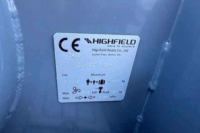 Slide: The Image of Label on 2025 Highfield Classic 340 boat, showing specifications and capacity details. - 6
