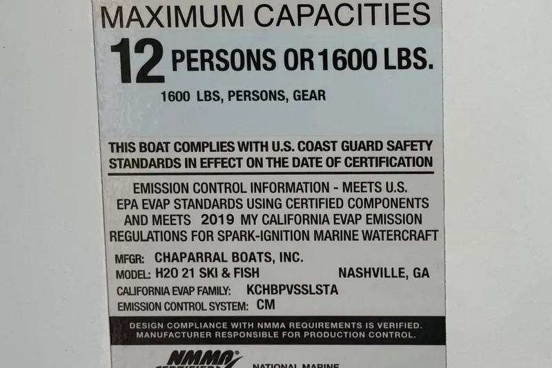 Slide: The Image of 2019 Chaparral 21 H2O Ski & Fish capacity label, 12 persons or 1600 lbs, safety compliance. - 35