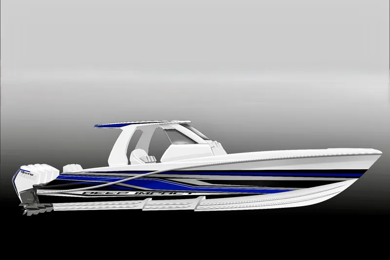 The Image of 2027 Deep Impact 369 Sport boat with sleek design and blue accents. - 1