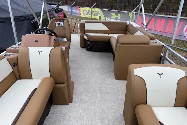 Slide: The Image of 2026 Tahoe Pontoon SP 2180 CRB with luxurious tan and white seating, spacious interior. - 15