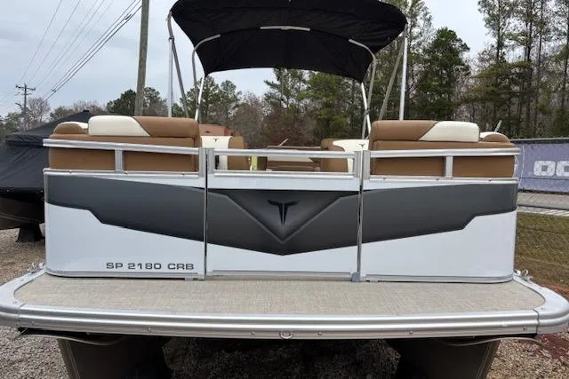 Slide: The Image of 2026 Tahoe Pontoon SP 2180 CRB, rear view, featuring sleek design and comfortable seating. - 4