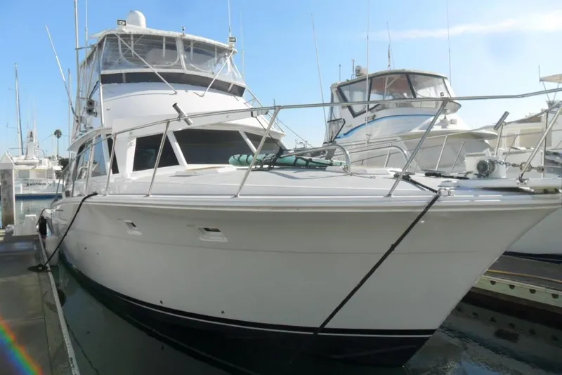 The Image of 1979 Bertram 46.6 Sport Fisher yacht docked at marina, side view. - 0