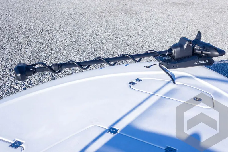 Slide: The Image of 2026 Tidewater 2110 Bay Max boat with Garmin trolling motor on deck. - 27