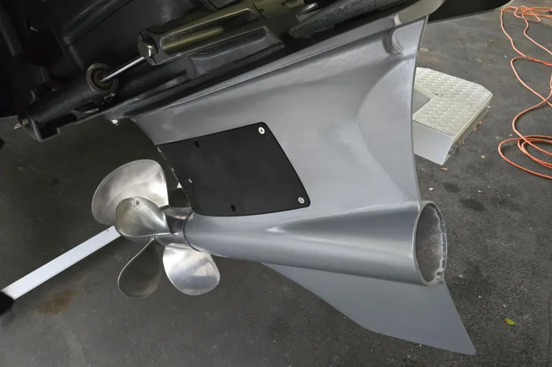 Slide: The Image of 2020 Cobalt R7 Surf boat propeller and lower unit detail. - 2