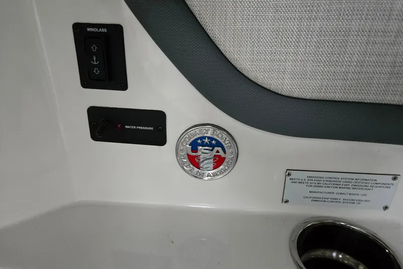 Slide: The Image of Control panel on 2020 Cobalt R7 Surf boat with windlass and water pressure switches. - 20