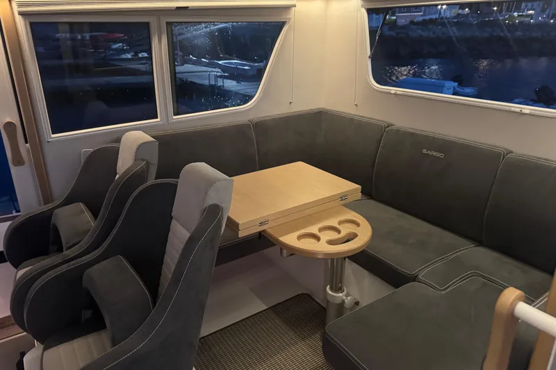 Slide: The Image of Interior of Sargo 28 boat, modern seating area, year 2025. - 6