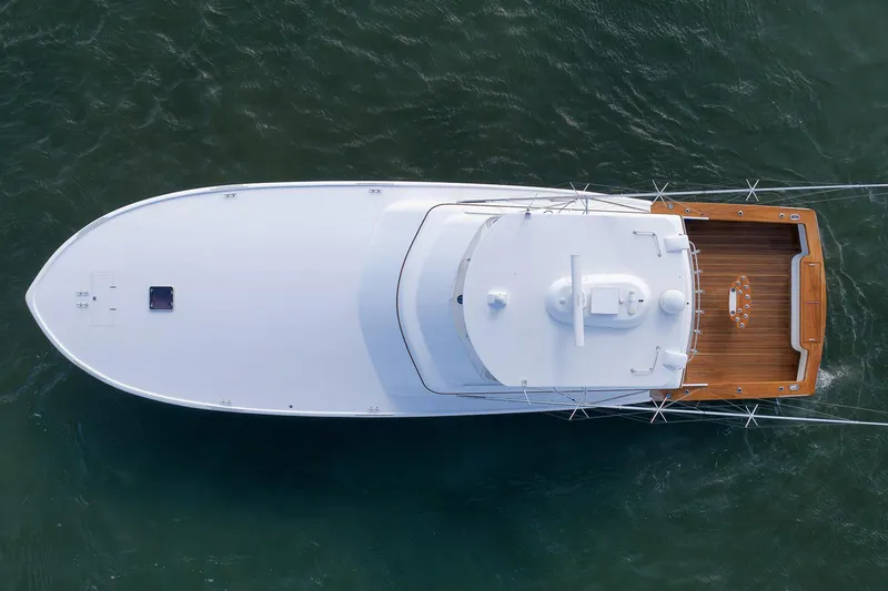 Slide: The Image of Aerial view of 2002 Paul Mann 60 Custom Carolina yacht on water. - 78