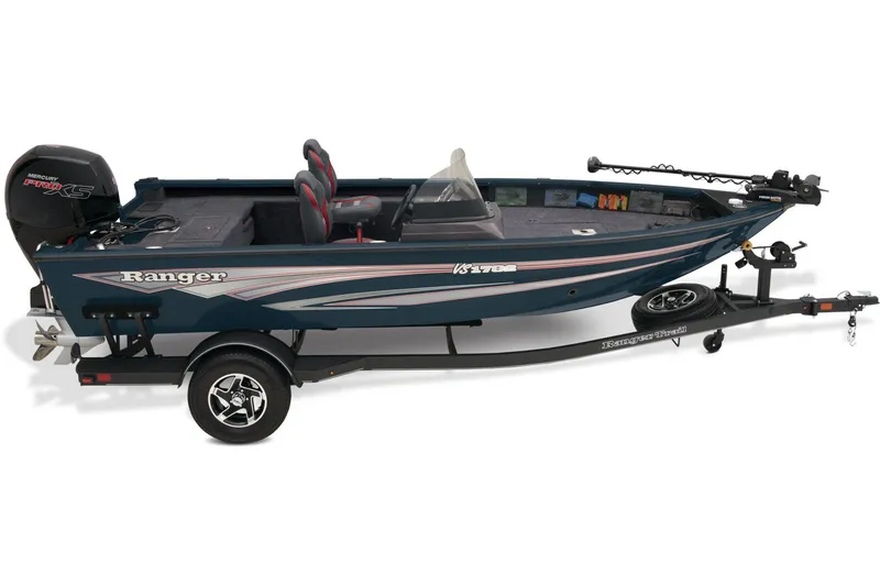 Slide: The Image of 2026 Ranger VS1782SC Reata boat interior with trolling motor on snowy ground. - 12