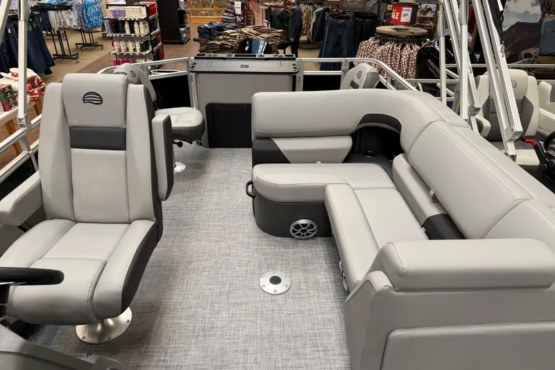 Slide: The Image of 2026 Sun Tracker SportFish 22 XP3 interior with gray seating and modern design. - 3