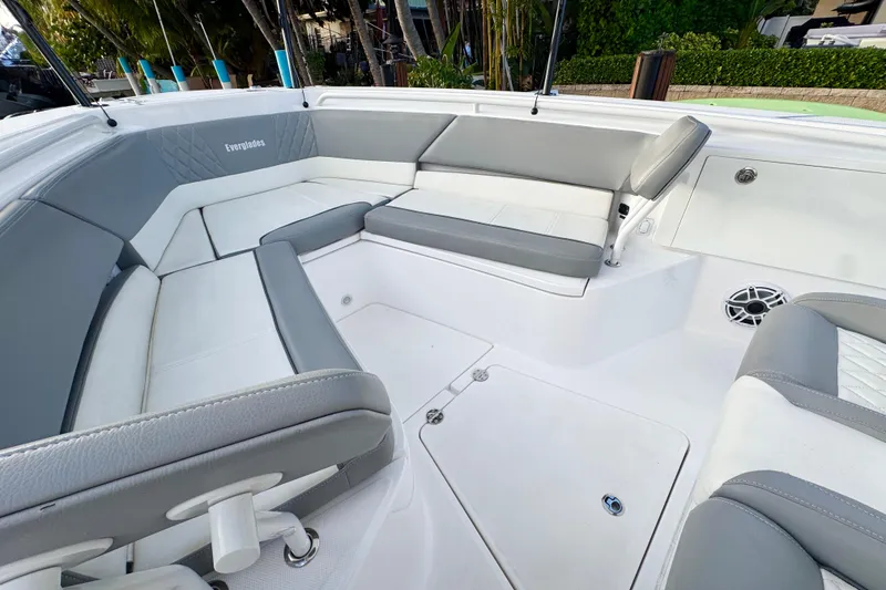 Slide: The Image of Open storage compartment on 2021 Everglades 335 Center Console boat interior. - 28