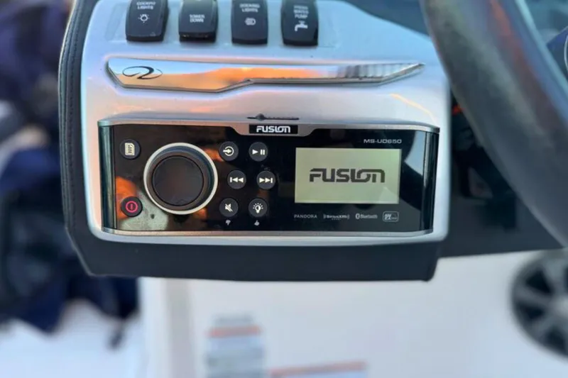 Slide: The Image of Fusion MS-UD650 stereo system on 2018 Regal 21 OBX boat dashboard. - 16