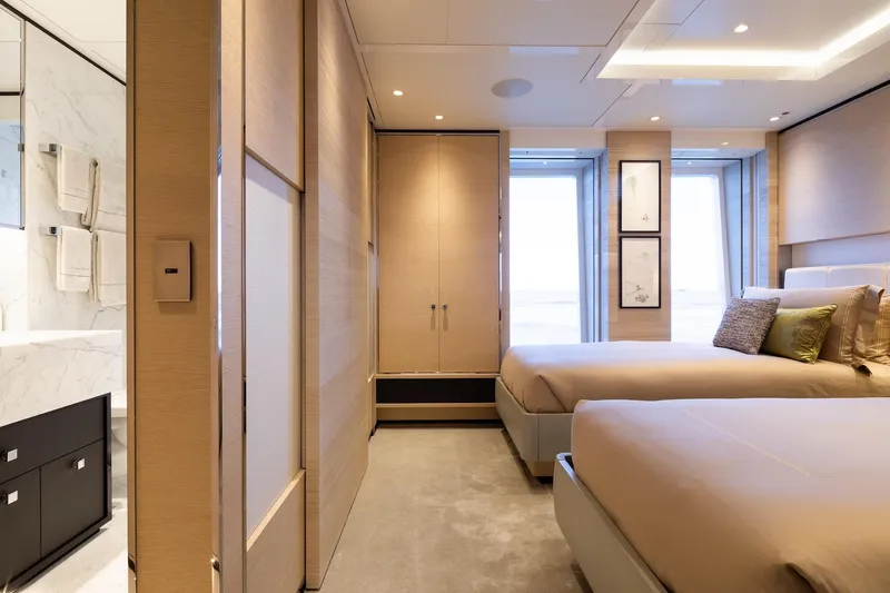 Slide: The Image of Luxurious bedroom interior on Alia Yachts 60M, 2016 model, featuring modern design and elegant furnishings. - 12