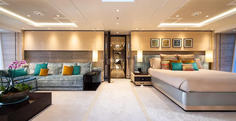 Slide: The Image of Luxurious bedroom interior of 2016 Alia Yachts 60M, featuring elegant decor and plush furnishings. - 8