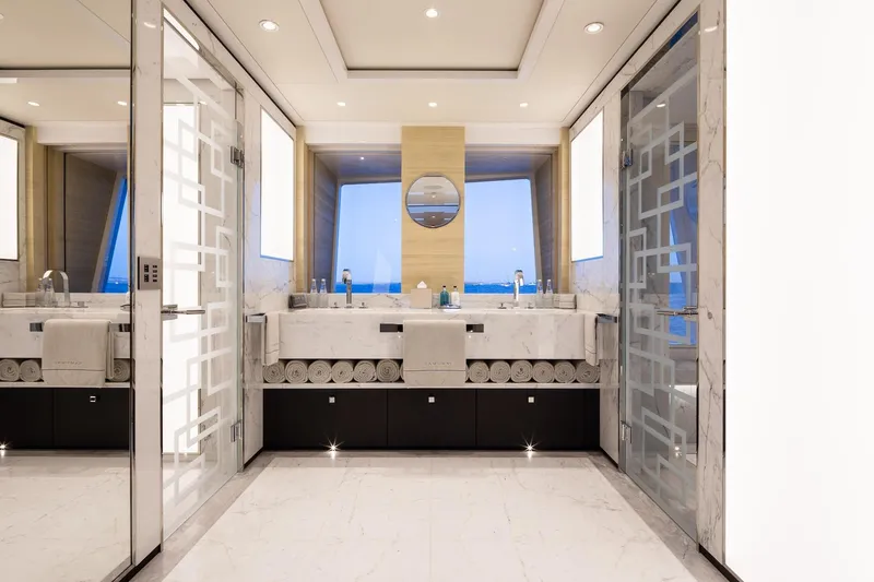 Slide: The Image of Luxurious bathroom on Alia Yachts 60M, 2016 model, featuring elegant marble and modern design. - 9
