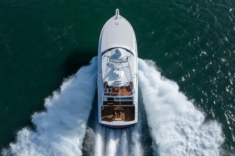 Slide: The Image of Aerial view of 2009 Viking 60 Convertible yacht cruising on open water. - 26