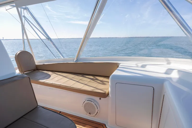 Slide: The Image of Interior view of 2009 Viking 60 Convertible yacht with ocean backdrop. - 57