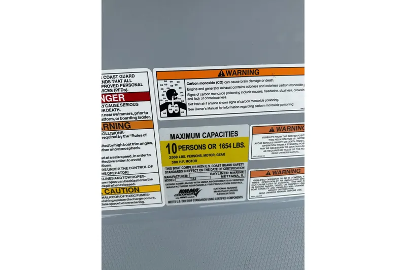 Slide: The Image of 2024 Trophy CC22 warning labels, maximum capacity 10 persons or 1654 lbs, safety instructions. - 8