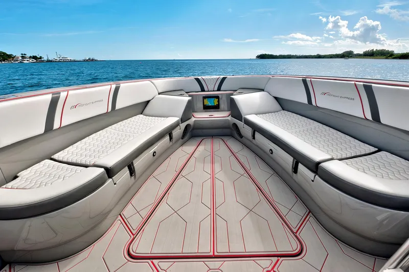 Slide: The Image of Luxurious interior of 2023 Midnight Express 43 Open boat with elegant seating and ocean view. - 16