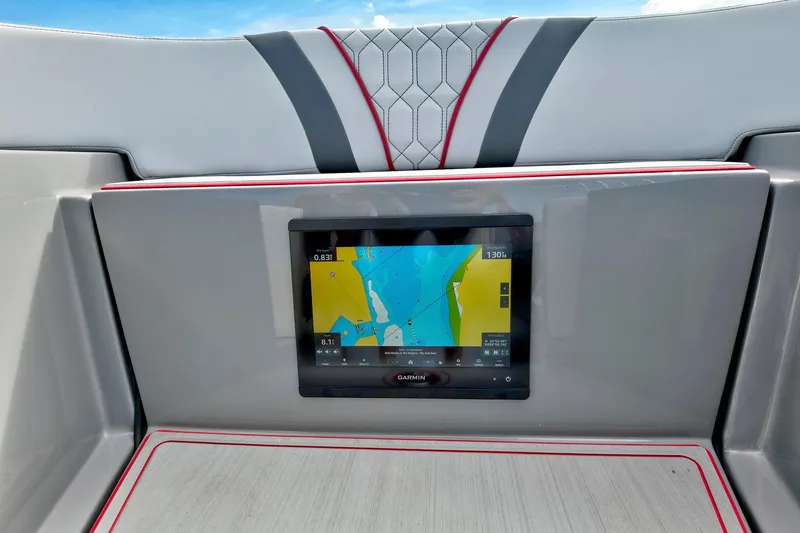 Slide: The Image of Garmin navigation display on 2023 Midnight Express 43 Open boat dashboard. - 20