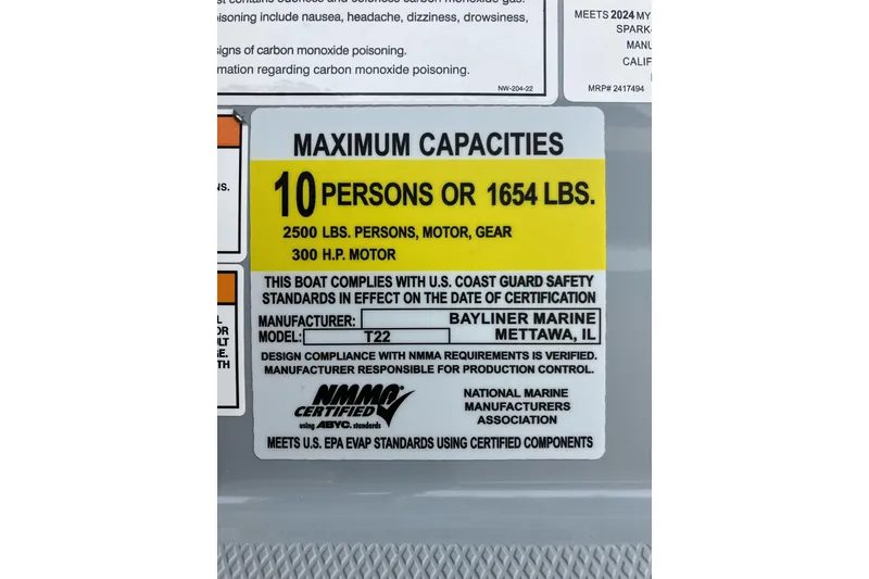 Slide: The Image of 2024 Trophy CC22 capacity label: 10 persons, 1654 lbs, 300 HP motor compliance. - 7