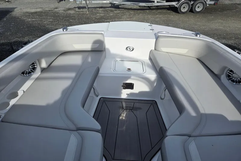 Slide: The Image of 2024 Godfrey Hurricane 235SD boat interior with spacious seating and modern design. - 17