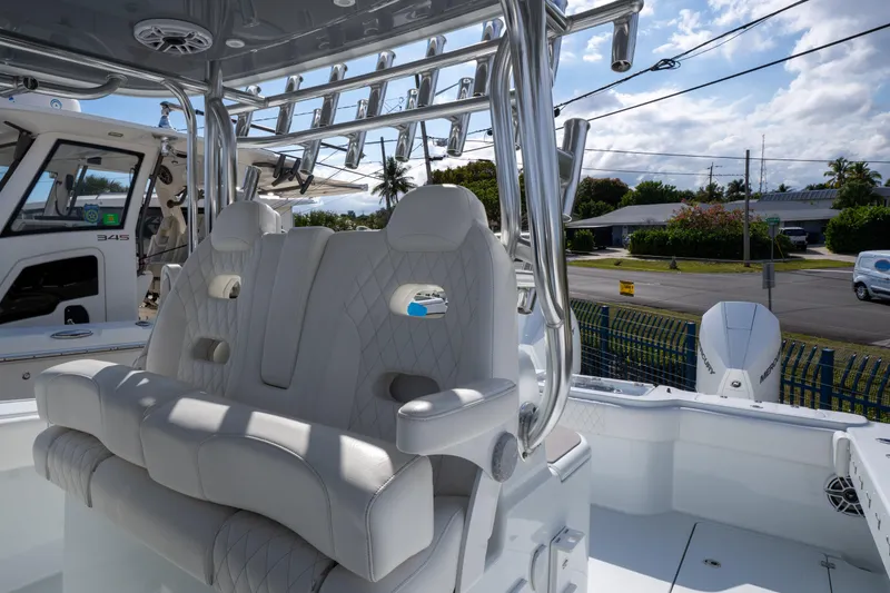 Slide: The Image of Luxurious seating on a 2022 Freeman 34 boat, showcasing modern design and comfort. - 15