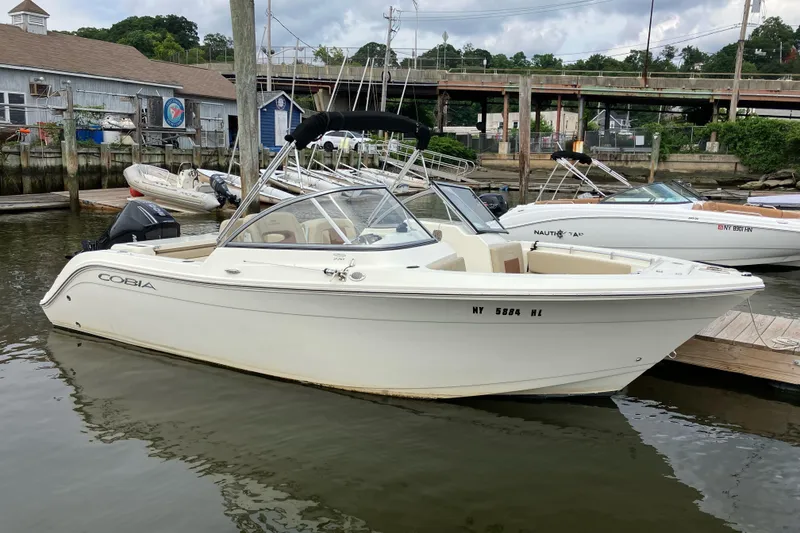 The Image of 2024 Cobia 220 Dual Console boat docked at marina, side view. - 1