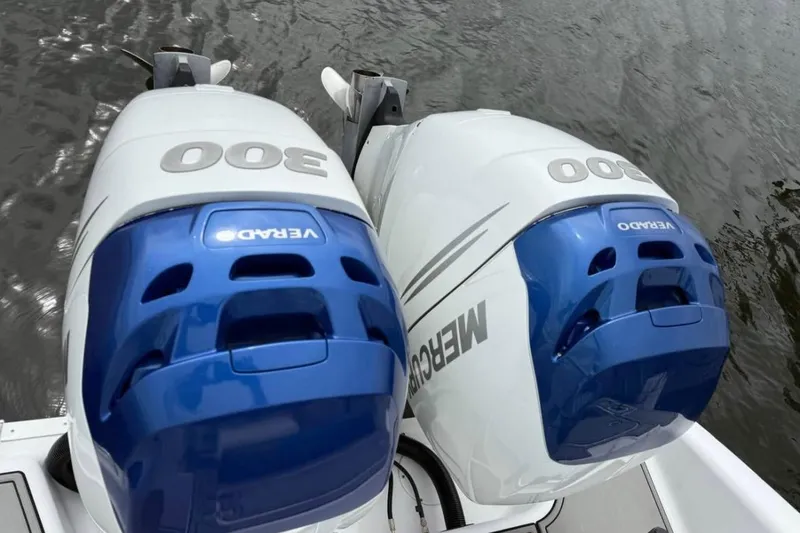 Slide: The Image of Twin Mercury Verado 300 engines on a 2008 Donzi 32 ZF boat. - 9
