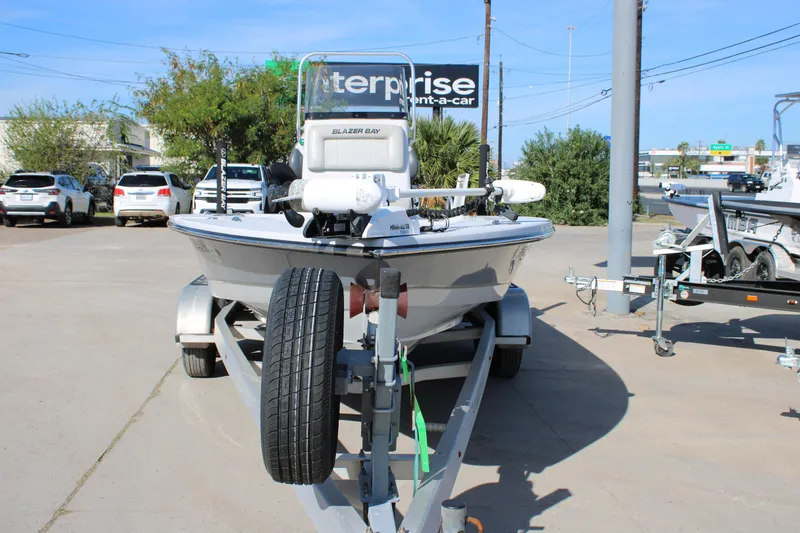 Slide: The Image of 2020 Blazer 2220 GTS boat with Minn Kota trolling motor on deck. - 15