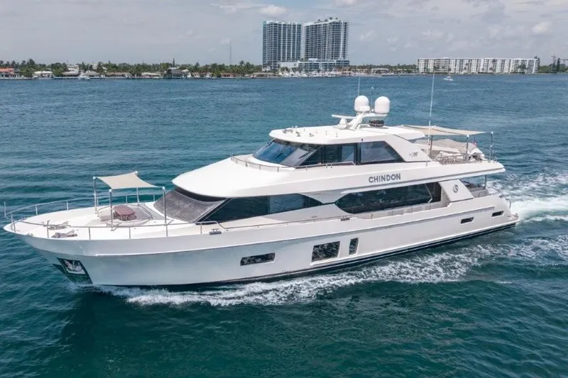 Slide: The Image of 2017 Ocean Alexander Motor Yacht cruising on blue waters near city skyline. - 13