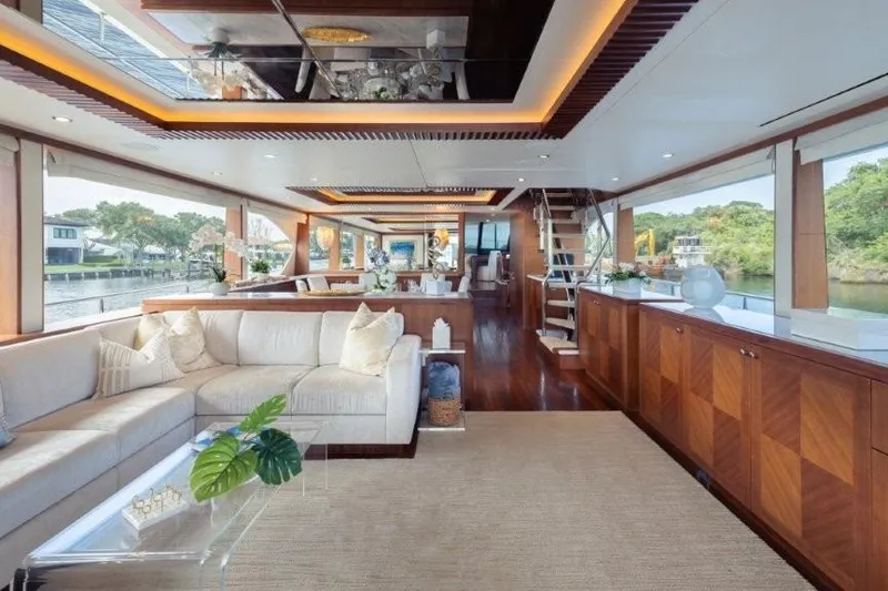 Slide: The Image of Luxurious interior of 2017 Ocean Alexander motor yacht with elegant furnishings and panoramic windows. - 28