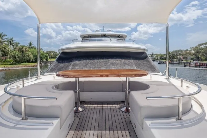 Slide: The Image of Luxurious 2017 Ocean Alexander motor yacht deck with seating and table, surrounded by scenic waterway. - 62