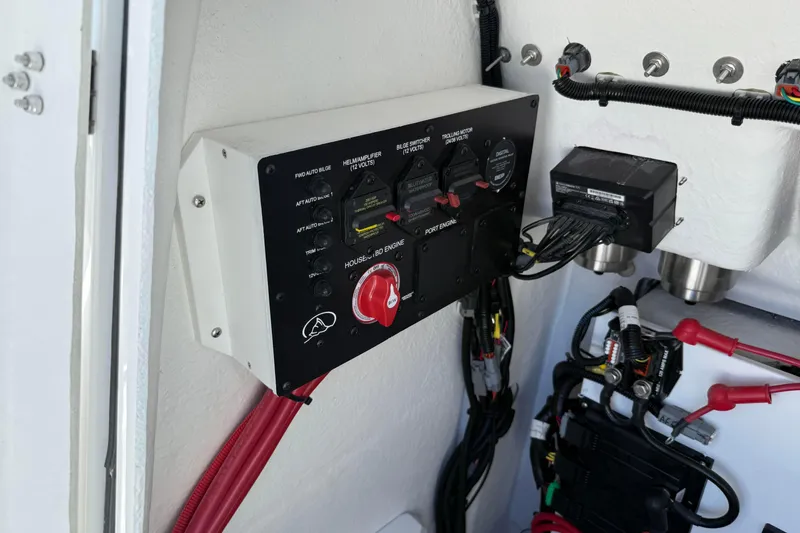 Slide: The Image of Electrical control panel in 2026 Blazer 2550 GTS boat, featuring switches and wiring. - 35