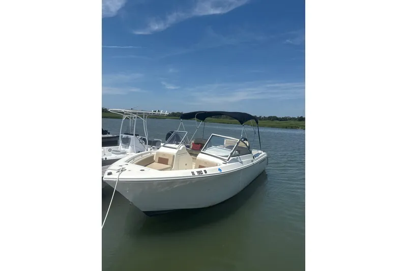 Slide: The Image of 2024 Cobia 220 Dual Console boat on calm water under a clear blue sky. - 2
