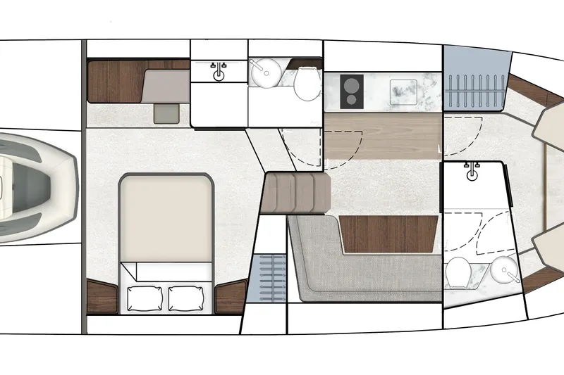 Slide: The Image of Floor plan of 2026 Fairline Targa 47 GT yacht, featuring bedrooms, bathrooms, and kitchen layout. - 12