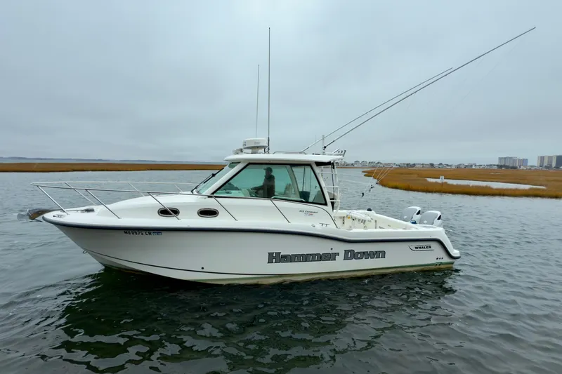 Slide: The Image of 2016 Boston Whaler 315 Conquest boat on calm water, overcast sky. - 5
