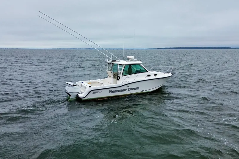 Slide: The Image of 2016 Boston Whaler 315 Conquest boat on open water, overcast sky. - 9