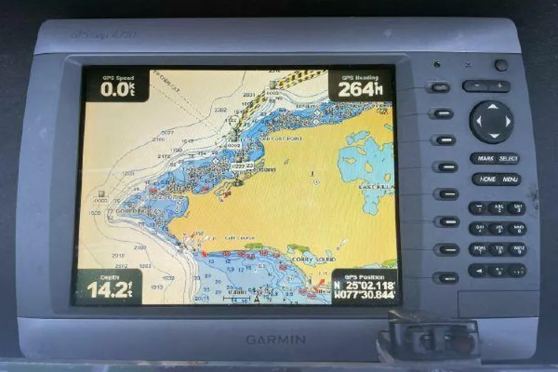 Slide: The Image of Garmin GPS display on a 1981 Bertram Convertible boat showing navigation map. - 15