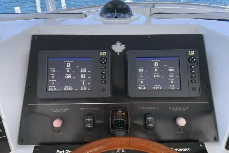 Slide: The Image of 1981 Bertram Convertible boat dashboard with dual CAT engine displays. - 19