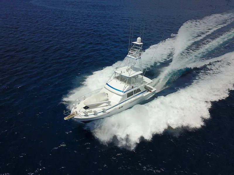 Slide: The Image of 1981 Bertram Convertible yacht cruising on open water. - 9