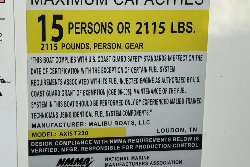 Slide: The Image of Axis T220 boat capacity label, 15 persons or 2115 lbs, 2023 model compliance details. - 42