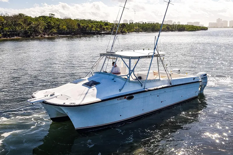 Slide: The Image of 2000 Powercat 30 Ope boat cruising on a sunny day near a lush shoreline. - 24