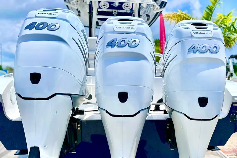 Slide: The Image of Triple 400 horsepower outboard engines on a 2023 Fountain 38 Center Console boat. - 6