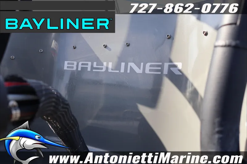 Slide: The Image of 2020 Bayliner Element E16 boat with logo and contact details for Antonietti Marine. - 10