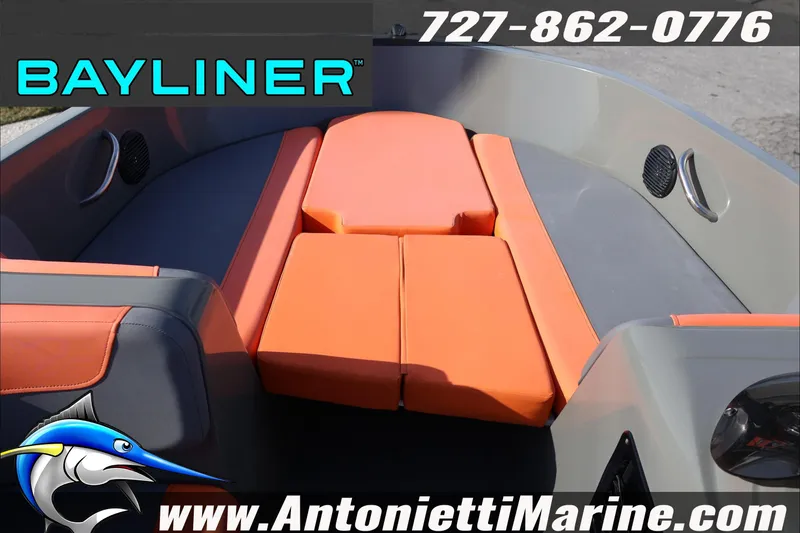 Slide: The Image of 2020 Bayliner Element E16 boat interior with orange seating, Antonietti Marine branding. - 16