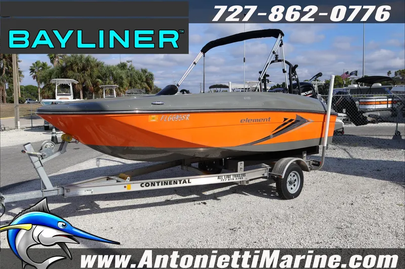 Slide: The Image of 2020 Bayliner Element E16 boat on trailer at Antonietti Marine dealership. - 5
