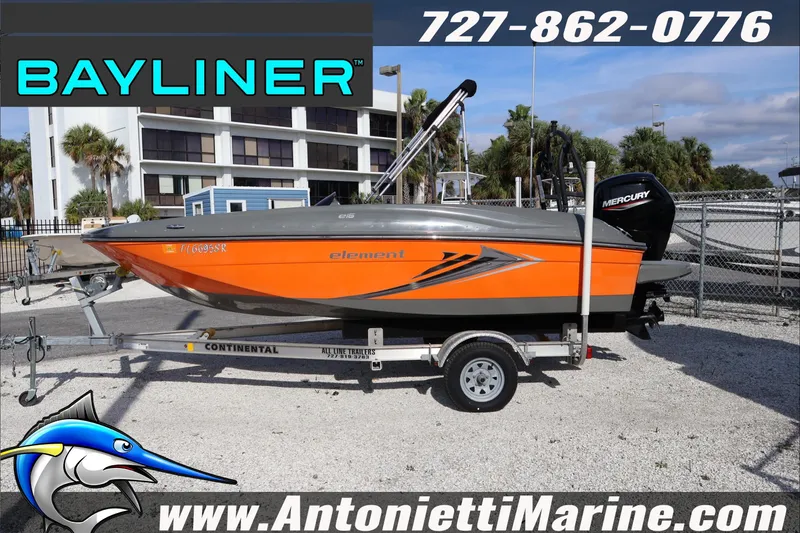 Slide: The Image of 2020 Bayliner Element E16 boat on trailer at Antonietti Marine dealership. - 6
