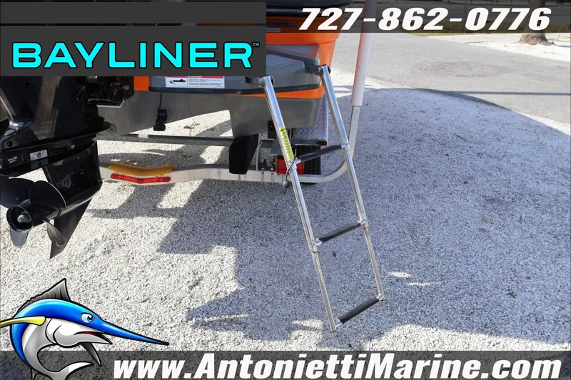 Slide: The Image of Bayliner Element E16 boat ladder and propeller, 2020 model, Antonietti Marine contact details. - 9
