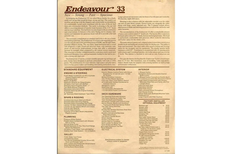 Slide: The Image of 1984 Endeavour 33 yacht brochure detailing features, specifications, and optional equipment. - 32