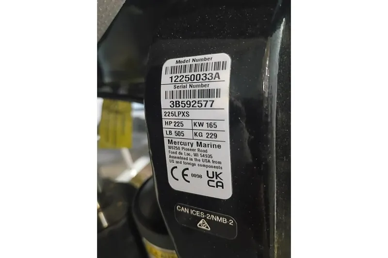 Slide: The Image of Label on Mercury Marine engine, model 225LPXS, 225 HP, 2026 iKon VLS 20. - 9